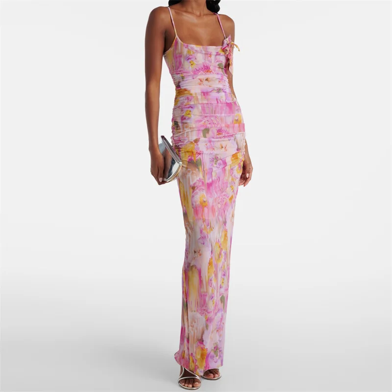 

Women's dress New 3D flower decorated sleeveless long dresses for summer 2025 pleated slim suspender midi dresses party dresses