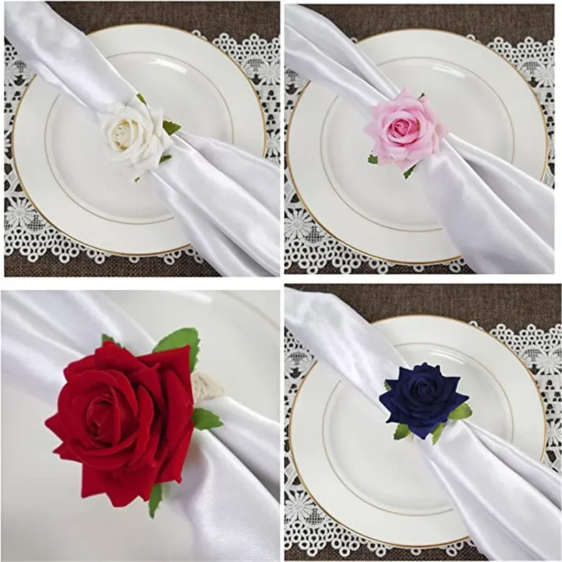 6pcs Red Rose Shape Handicraft Towel Buckle Napkin Ring Wedding Party Valentine\'s Day Hotel Table Decor Metal Gold Napkin Holder