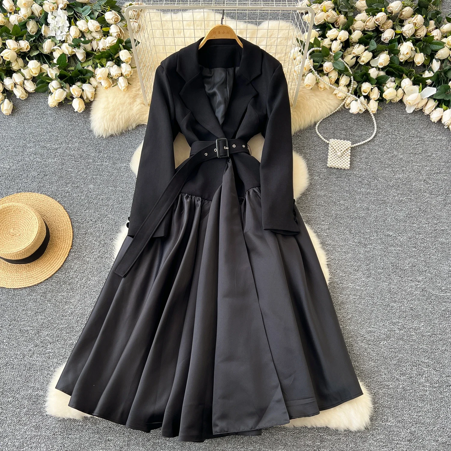 Chic Korean Fashion Bandage Turn-down Collar Spliced Long Sleeve Slim Dress Vintage Women High Street Autumn Winter Clothing