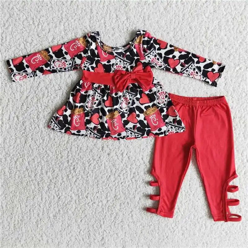 Match Fashion Toddler Girls Love Snack Bow Top Red Pants Set Love Snack Bow Top Re Wholesale Children Clothes RTS