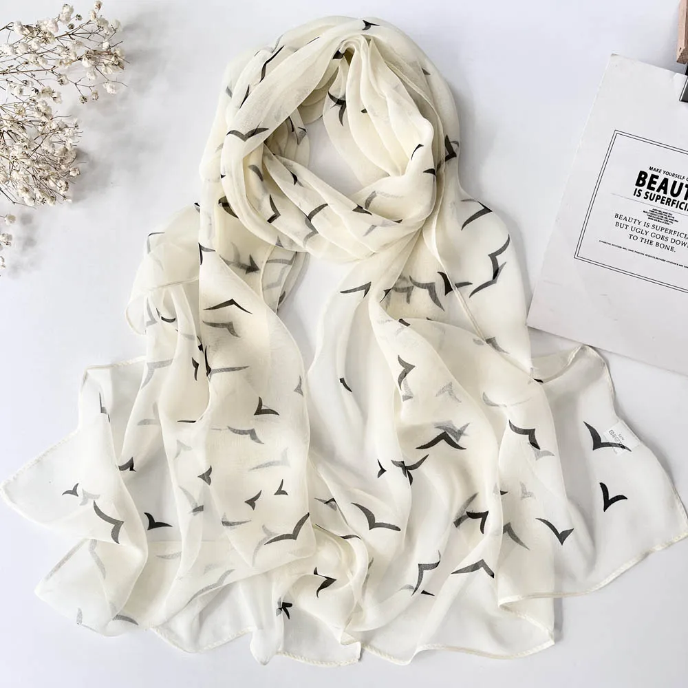 Women Travel Seagull Print Chiffon Georgette Bandana Scarf Summer Beach Sunscreen Thin Travel Shawl