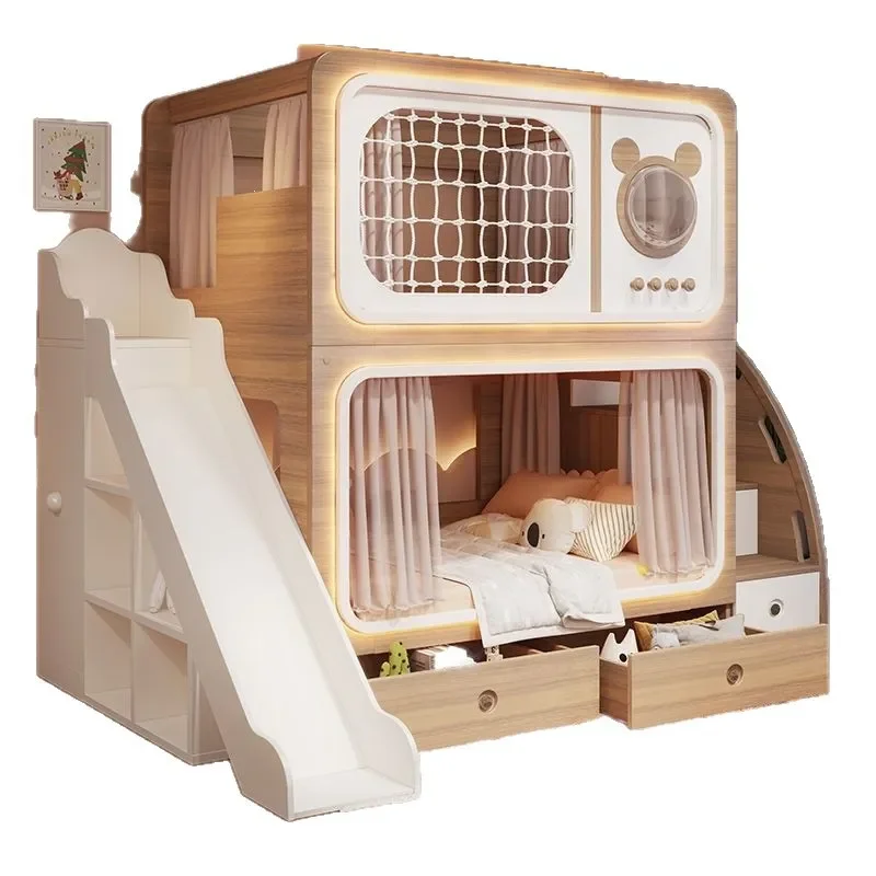 Wood Grain Treehouse Bunk Bed Full Size Bear Theme Kids Furniture High Low Beds for Siblings Parent Child Bedroom