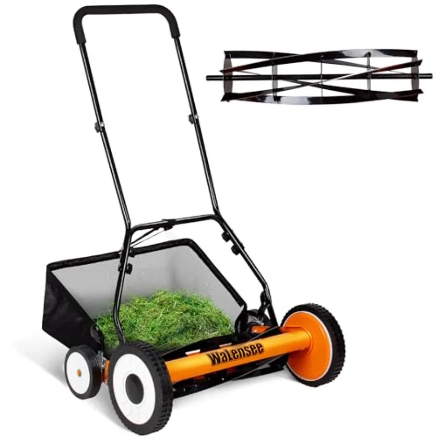 

20-дюймовая 5-лезвийная ручная газонокосилка-катушка, беспроводная, самоходная, стальная, со съемным баком на 11,8 галлонов