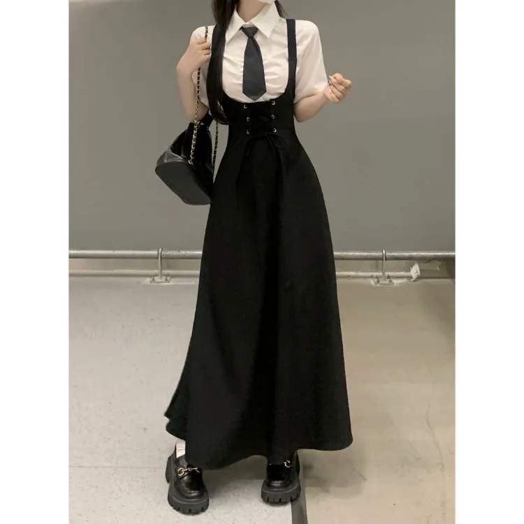 Simple Lapel Neck Long Sleeve White Shirts Women+ Sexy Slim Waist Lace Up Strap Dress 2024 Early Autum New Two Piece Sets