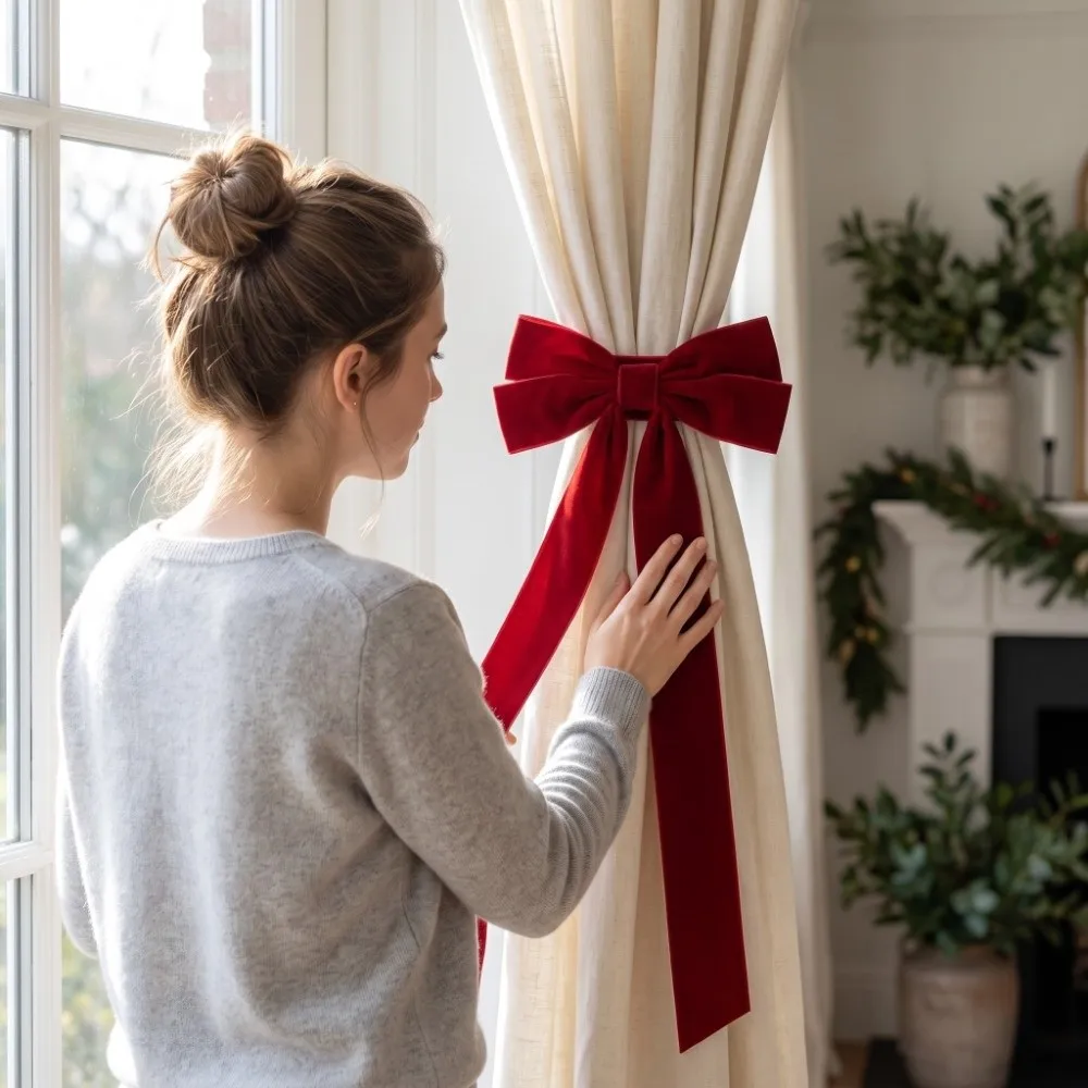 Adjustable Christmas Tree Curtain Tieback Velvet Exquisite Red Bow Curtain Rope Decorative Bowknot Curtain Fixer Window Curtain