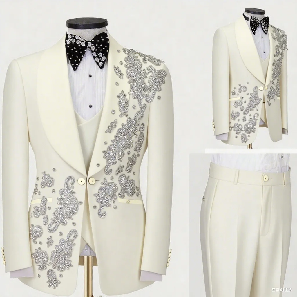 

Luxury Crystal Groom Suits 3 Pieces Plus Size Formal Wedding Suits Jacket Vest & Pants Customized Party Show Suits Homme Costume