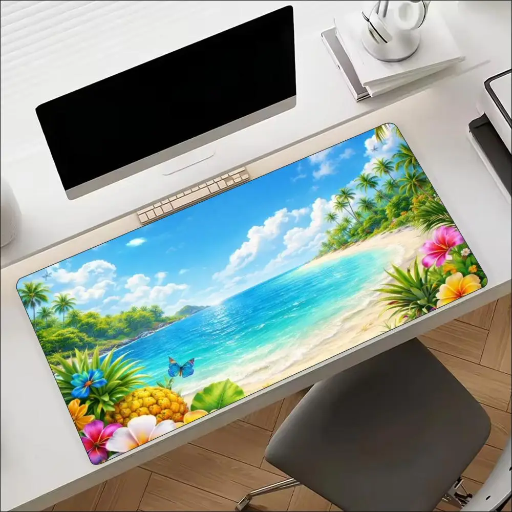 Extra Large Deskmat Tropical Beach PalmOcean Print Stitched Border Anti‑Slip Rubber Base Smooth Mat For Gaming Home Office Table