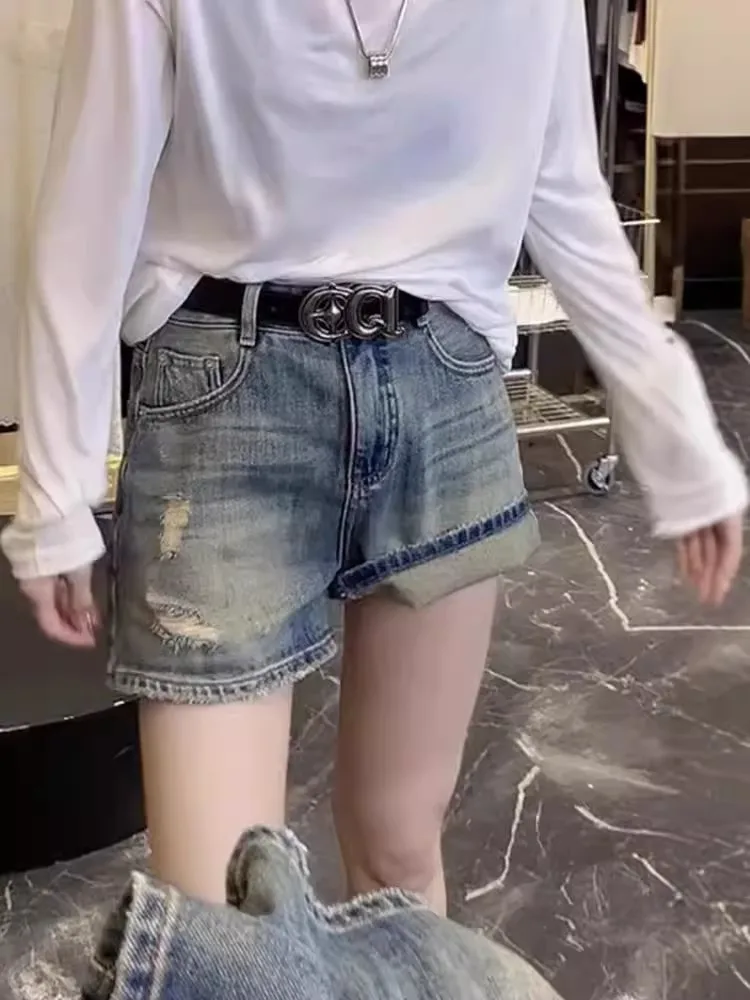 Retro Distressed Denim Shorts Women Summer plus Size Sweet And Spicy Girl High Waist Slimming Loose Straight Leg Hot Pants