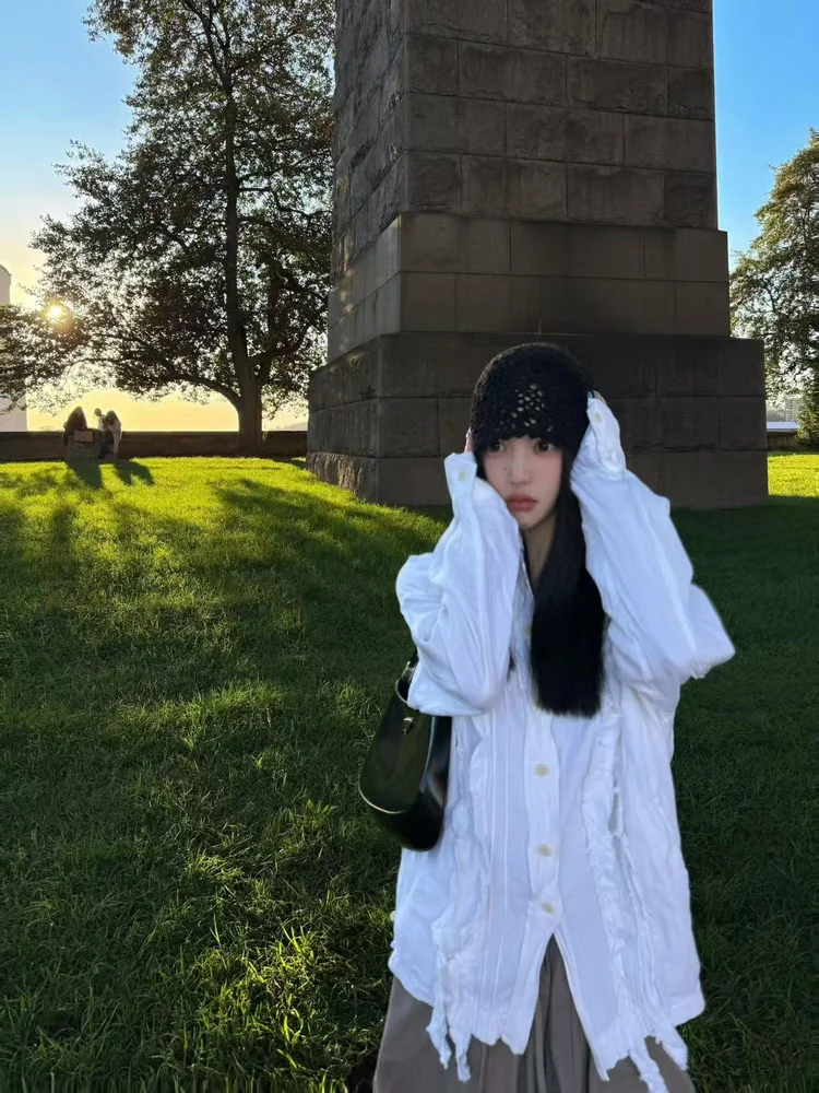 

Loose Long Sve Women's irt Tassel Artistic Sle Cotton Blend Fabric Anti-Wrinkle Girls Faion Autumn Top