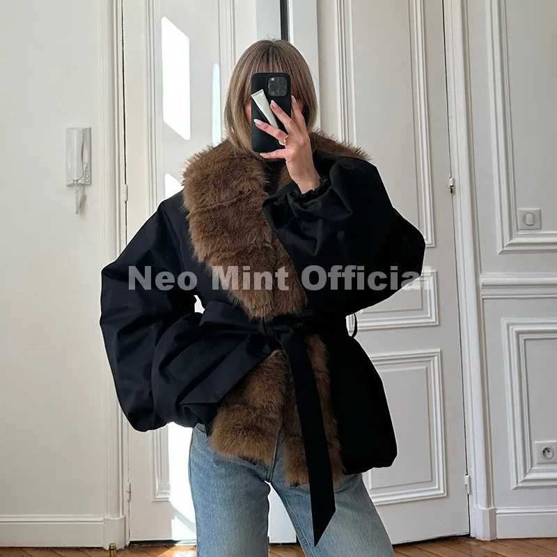 Neo Mint Fur-Collar Puffer Bomber Jacket for Women - Warm Winter Coat