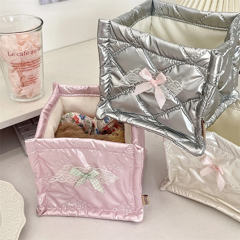 スウィートガールメイクアップオーガナイザーPU光沢のあるレザーファッションソリッドカラー化粧品ホルダー弓デスクトップヘアクリップ文具箱