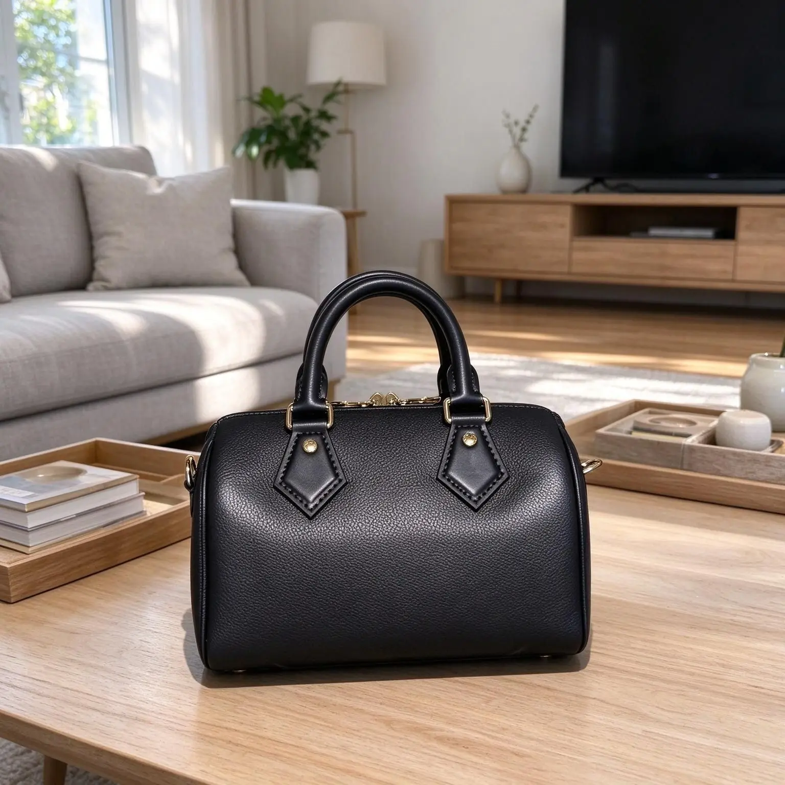 Solid Black PU Leather Mini Boston Crossbody Bag, Women Top Handle Bag, Compact Stylish Lightweight Ladies Purse