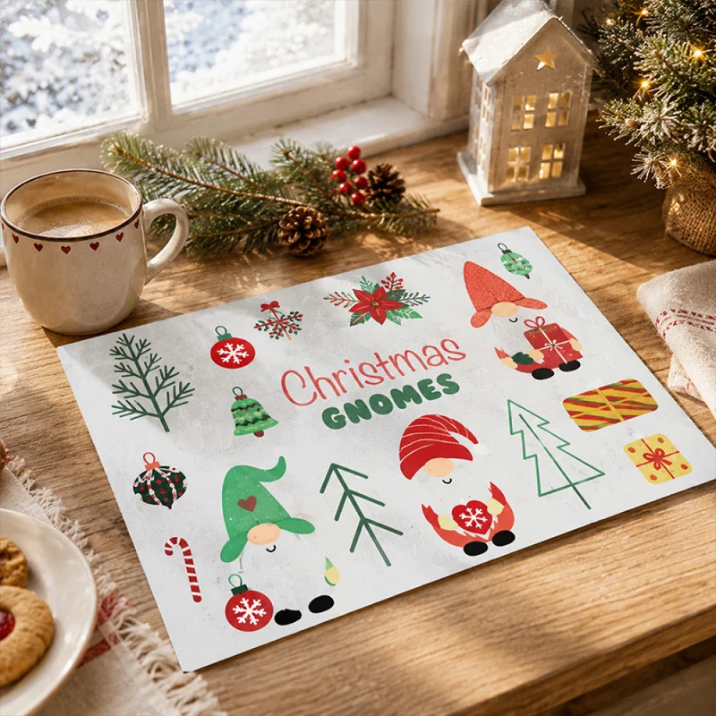 Christmas Linen Placemats, Cartoon Printed Heat Resistant Table Mats, Xmas Party Decorative Tableware Pads for Dining Table