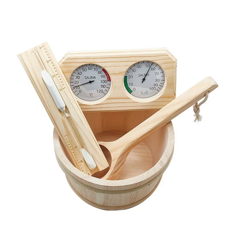 Sauna Accessories New Set 4 Liters Wooden Barrel Spoon + Hourglass + Temperature and Humidity