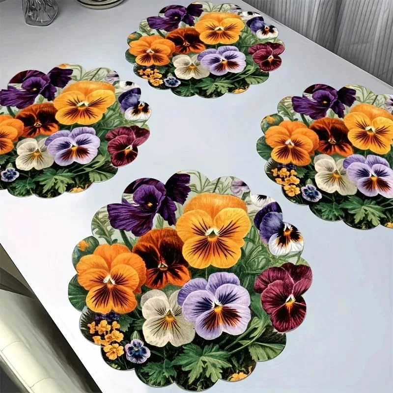 VIKAMA Colorful Pansy Round Table Mats Set of 4 Wildflower Viola Placemats for Dining Table Decor Kitchen Spring Party Setting
