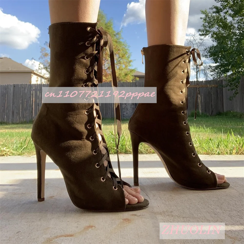 Summer Retro Suede Open-Toe Sandals Boots For Women Stiletto Heels Lace-Up Ankle Boots Sexy Nightclub Side Zipper High Heels 46