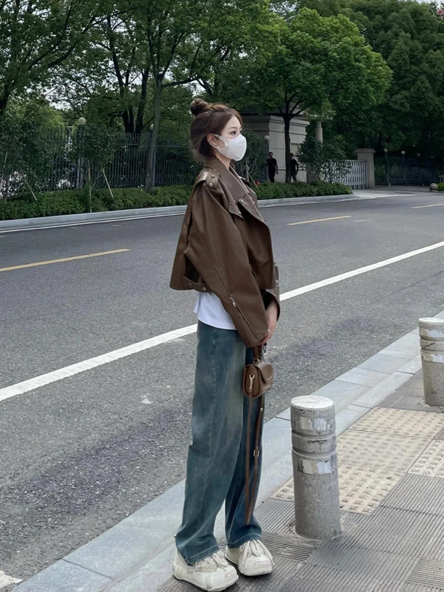 เสื้อแจ็คเก็ตหนัง PU สีน้ำตาล คอปก ทรงหลวม สำหรับผู้หญิง สไตล์ลำลอง ใส่ทำงาน แบรนด์ PmORh สำหรับเด็กอายุ 8-24 ปี