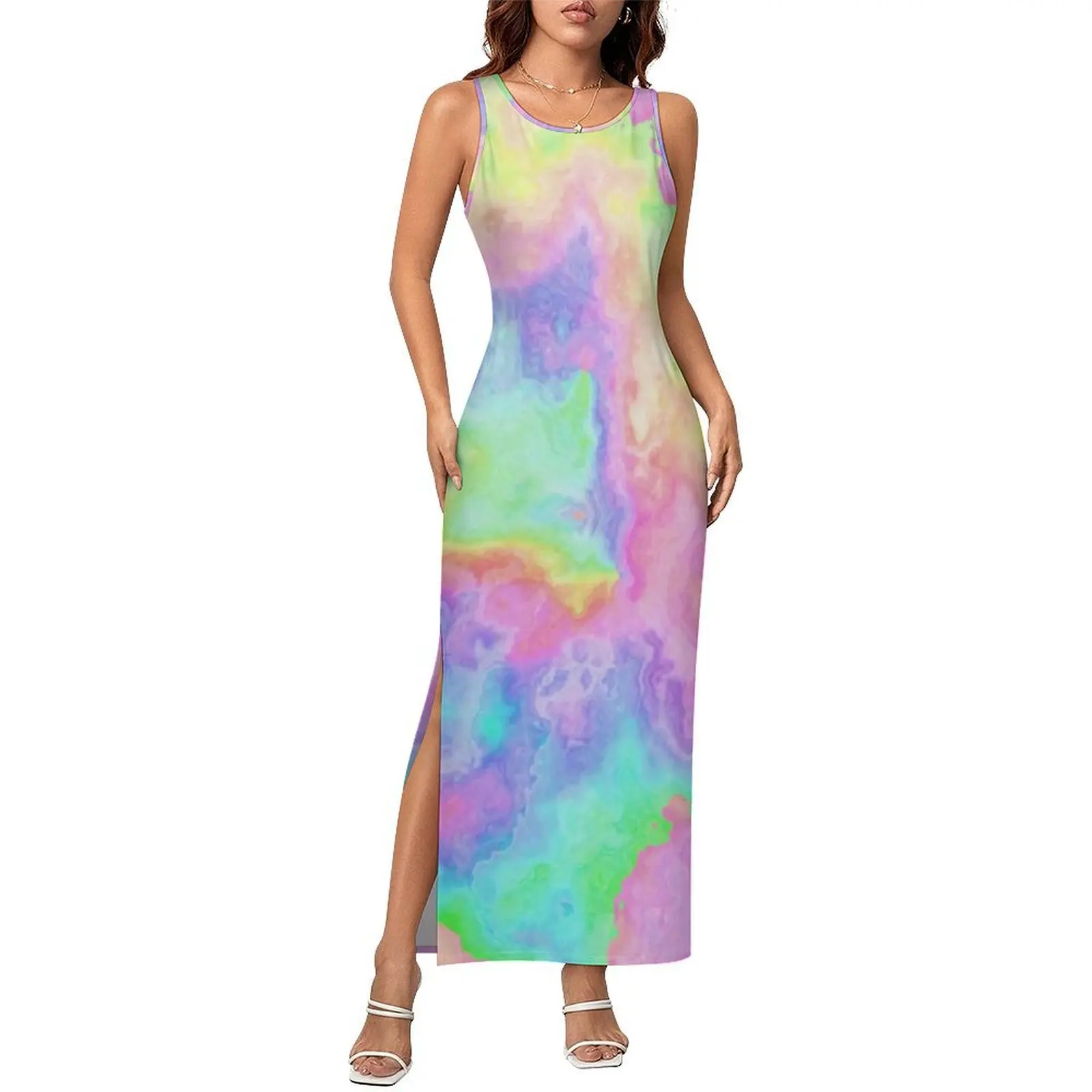 Rainbow Tie Dye Marble Dress Sleeveless Stone Pastels Abstract Art Kawaii Maxi Dresses Summer Street Style Design Bodycon Dress