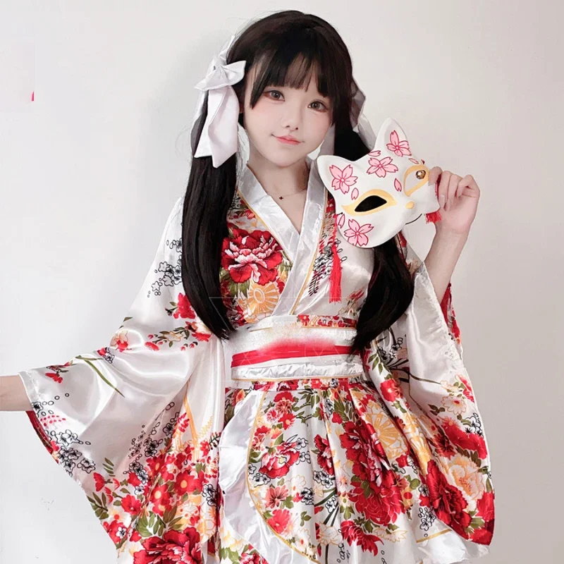 Traditional Japanese Formal Kimono Cosplay Anime Summer Breeze Print Improved Bathrobe Sweet Style 2Piece Costume