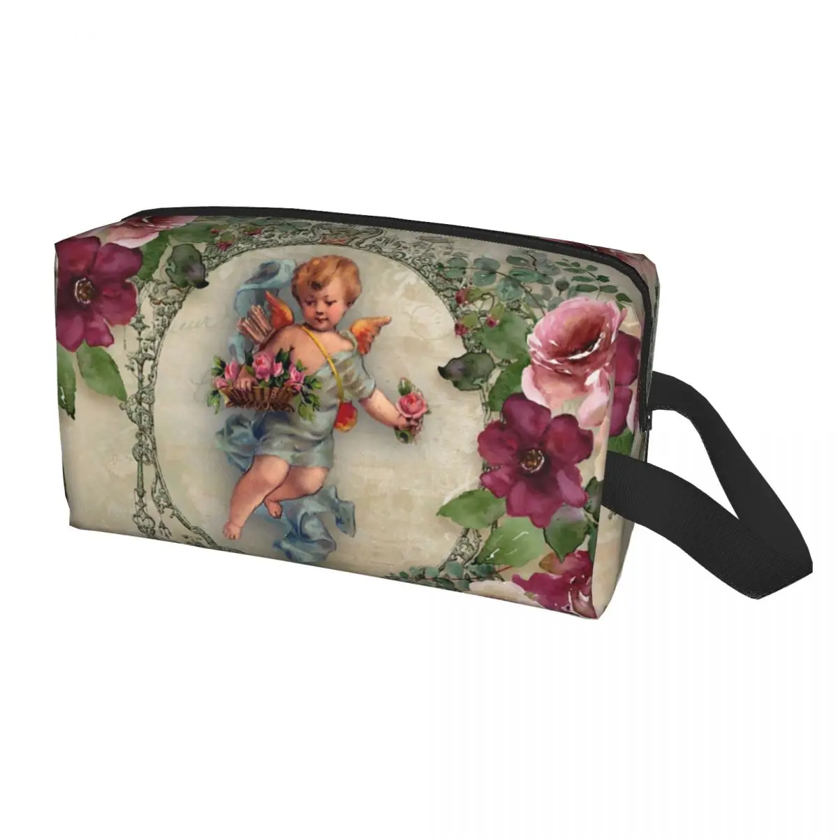 Cute Victorian Angel Print With Vintage Rose Bouquets Shabby Chic Toiletry Bag Makeup Cosmetic Organizer Beauty Storage Dopp Kit