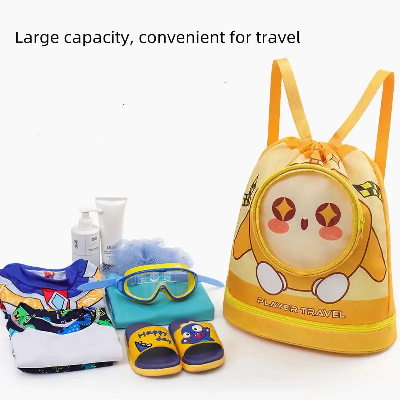 Children Solid Color Swimming Backpack Dry Wet Separation Bag Cartoon Boys Girls Waterproof Beach Clothes Organize Storage Pouch