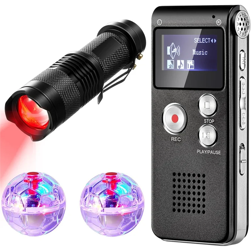 

T98C-Paranormal Detection 4 Pcs Equipment Kit 1 Night Vision Flashlight 1 Voice Recorder 2 LED Light Up Pet Cat Balls