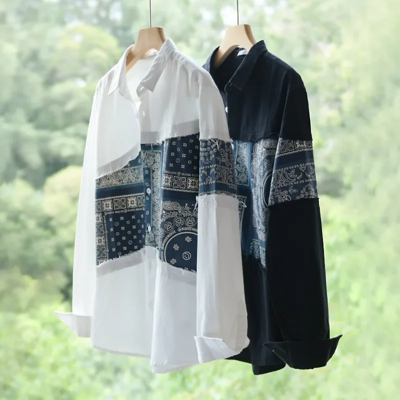 

100% Patchwork Long Sleeve Shirt Men Vintage Casual KoreaTops White Black Fashion Men Shirts 2024 Hawaiian Shirt Spring Summer