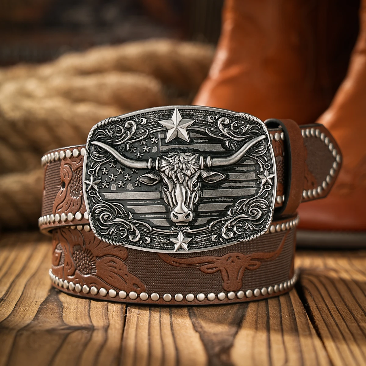 1 Piece of Western Cowboy Style Belt - Suitable for Both Men and Women. Western Buckle PU Embossed Rivet Design Belt