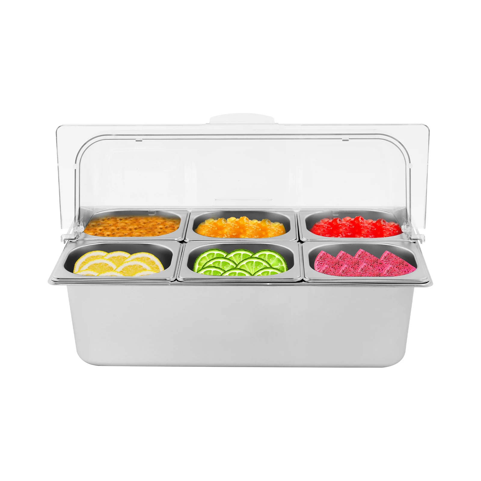 6-Compartment Food Condiment Display Container Set, Countertop Server with Ice Box for Hot/Cold, Stainless Steel HDPE for Buffet Party