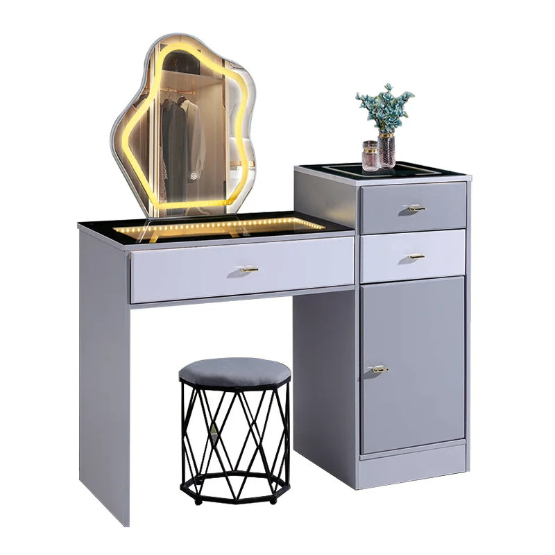 Bedroom Furniture Simple Design Dressing Table with Stool Wholesale Price Custom Grey Makeup Dresser with Mirror and Lights