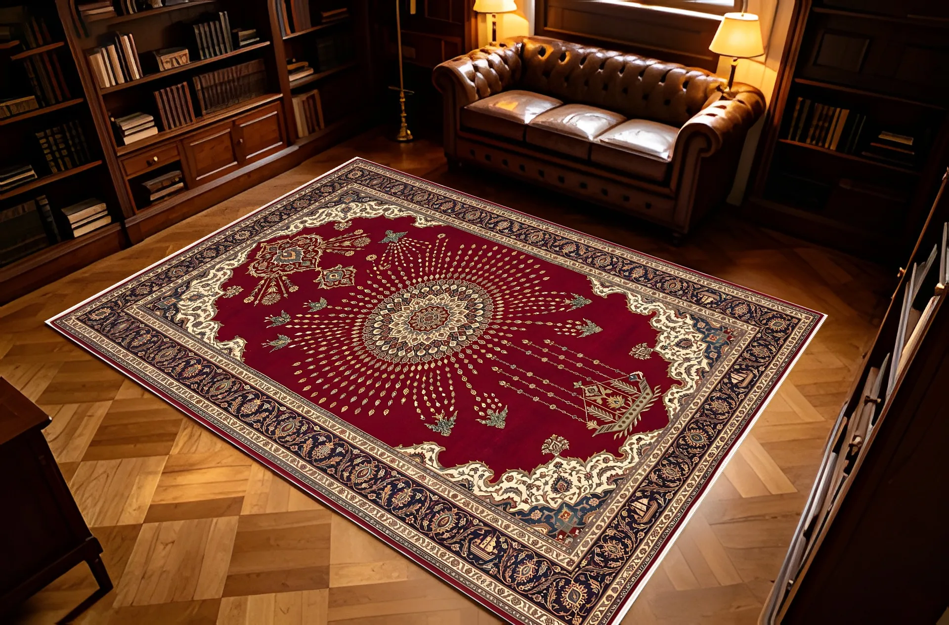 Retro Red Persian Rug Radiating Floral Pattern Soft Velvet Living Room Bedroom Study Carpet