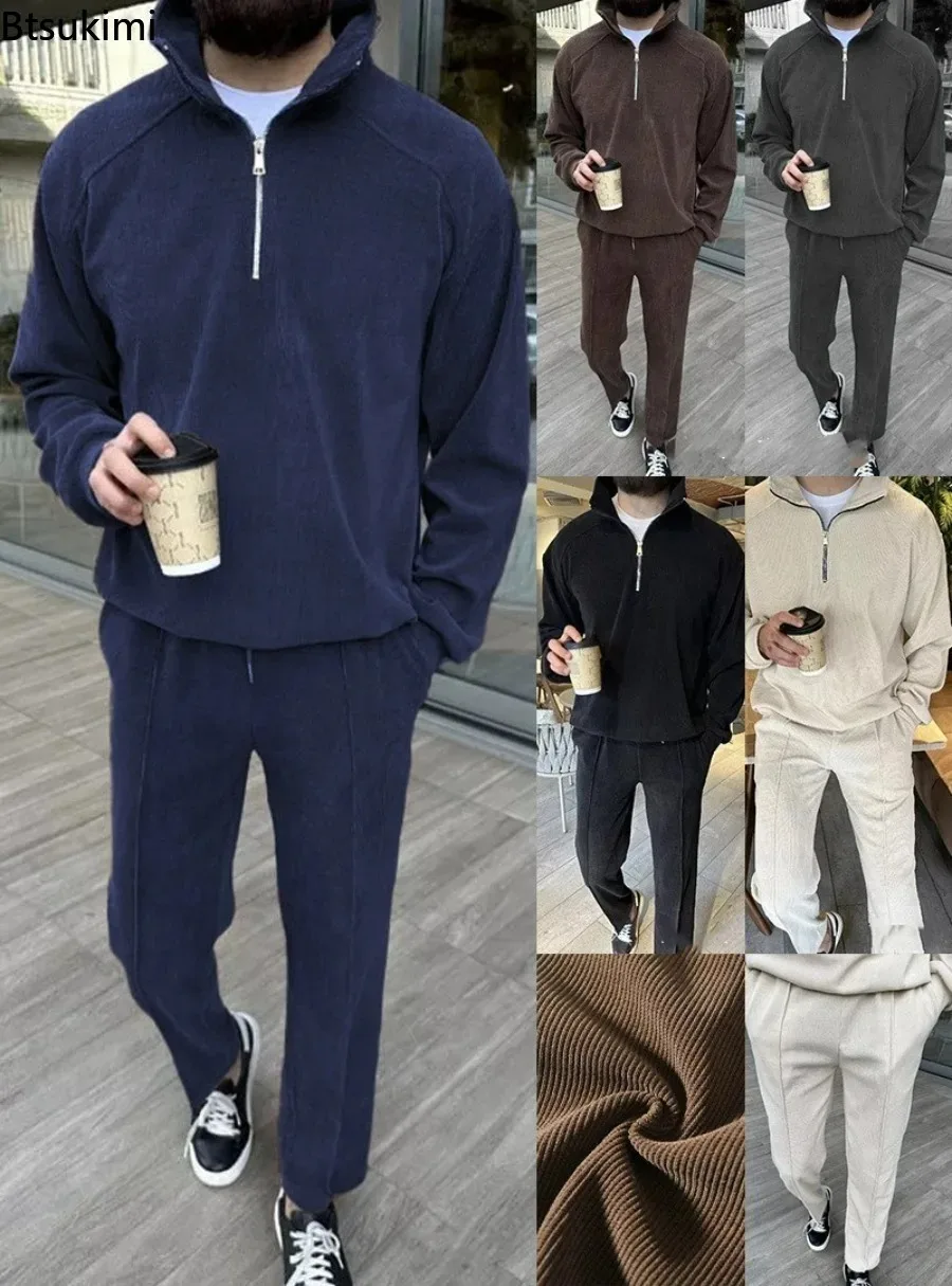 

2025 Autumn/Winter Corduroy 2-piece Sets Men's Long Sleeve Stand Collar Sweatshirts Long Pants Sets Solid Casual Men Tracksuits
