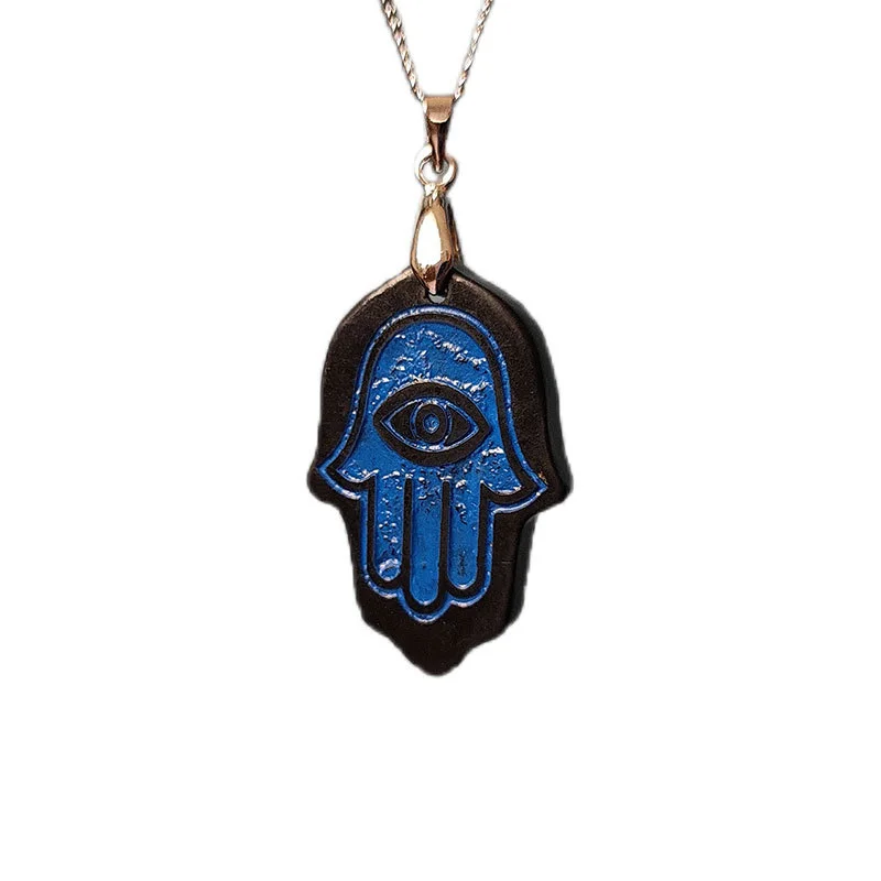 Eye Hamsa Shungite Pendant Hand of Fatima with 250mm Rope Chain Necklace Khamsah Fortune Charm