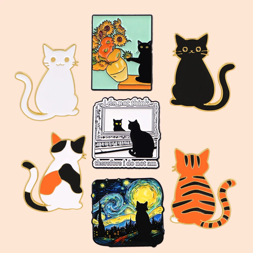 Van Gogh Sonnenblumen Emaille Pin Abzeichen Niedliche Katze Broschen für Frauen Anstecknadeln für Rucksäcke Modeschmuck Accessoires Geschenke