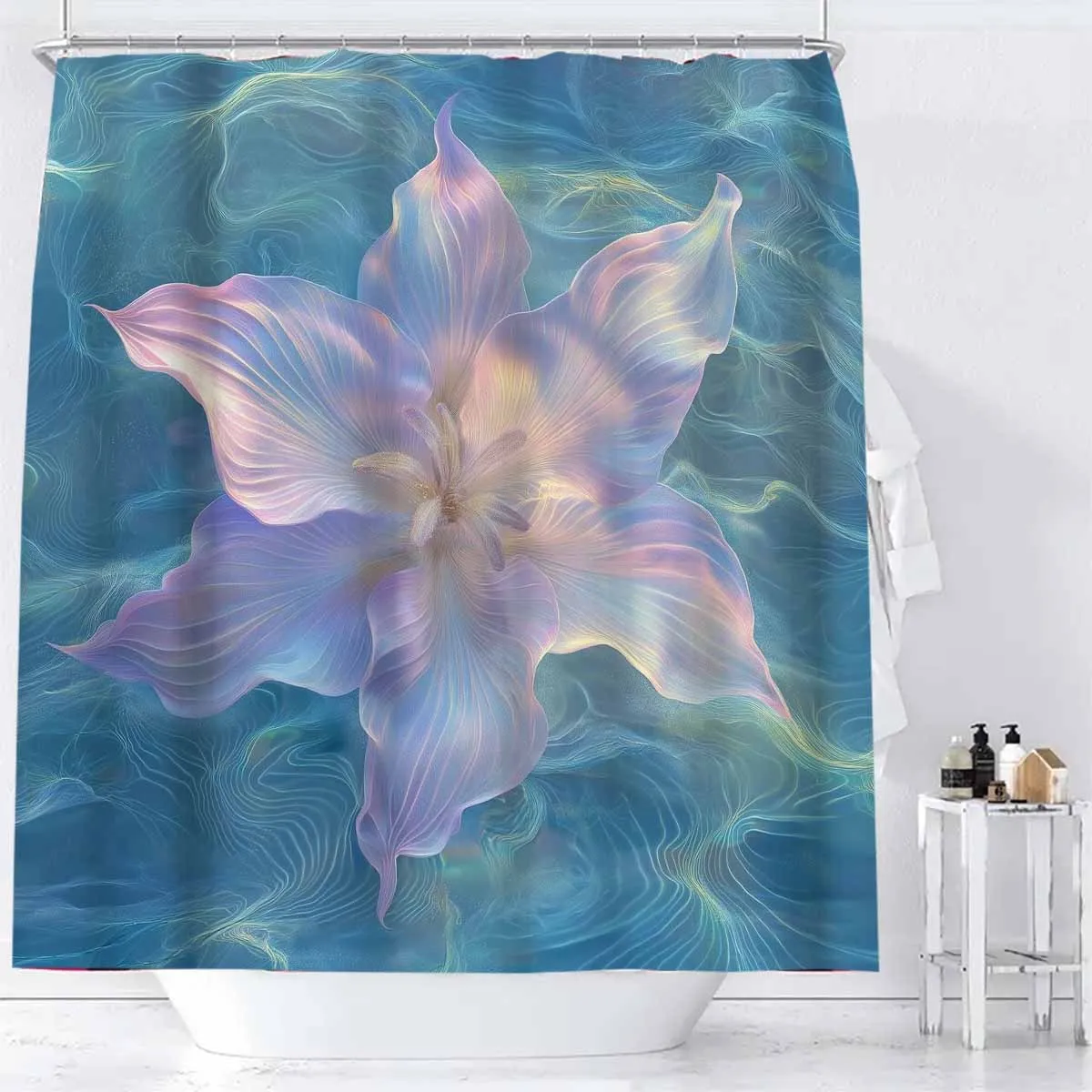 

1 шт. сине-фиолетовая занавеска для душа с цветочным принтом и 12 крючками — простая установка, очищаемая, сменная, элегантная полиэфирная ткань для