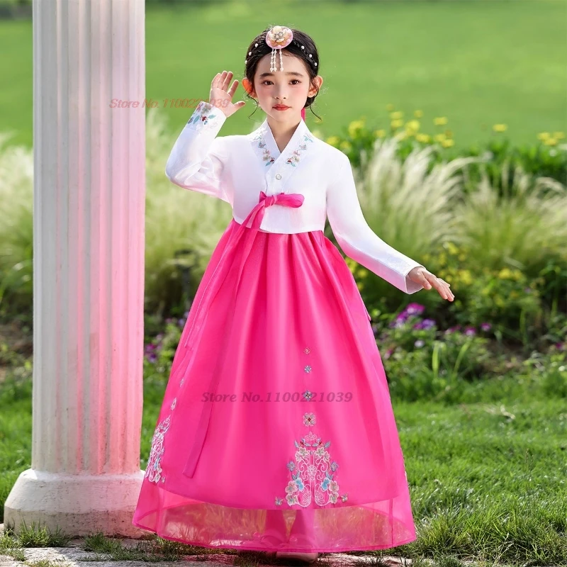 2025 ملابس رقص كورية تقليدية خمر فستان رقص شعبي زهرة التطريز بلايز + تنورة مجموعة الأطفال مرحلة الأداء الرقص