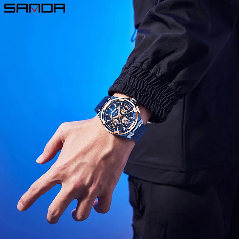 SANDA 5510 Men's Quartz Watch Hollow Cool Simple Unique Calendar Silicone Strap Wristwatch for Male