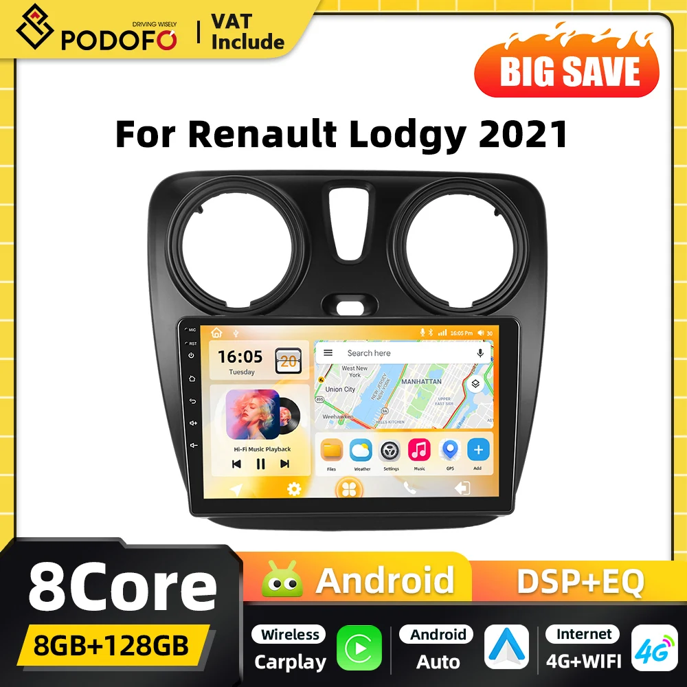 Podofo Qualcomm 8-Core Carplay 2DIN Android Auto-Multimedia-Player für Renault Lodgy 2021 Dokker 2012–2020 GPS DSP WIFI FM RDS