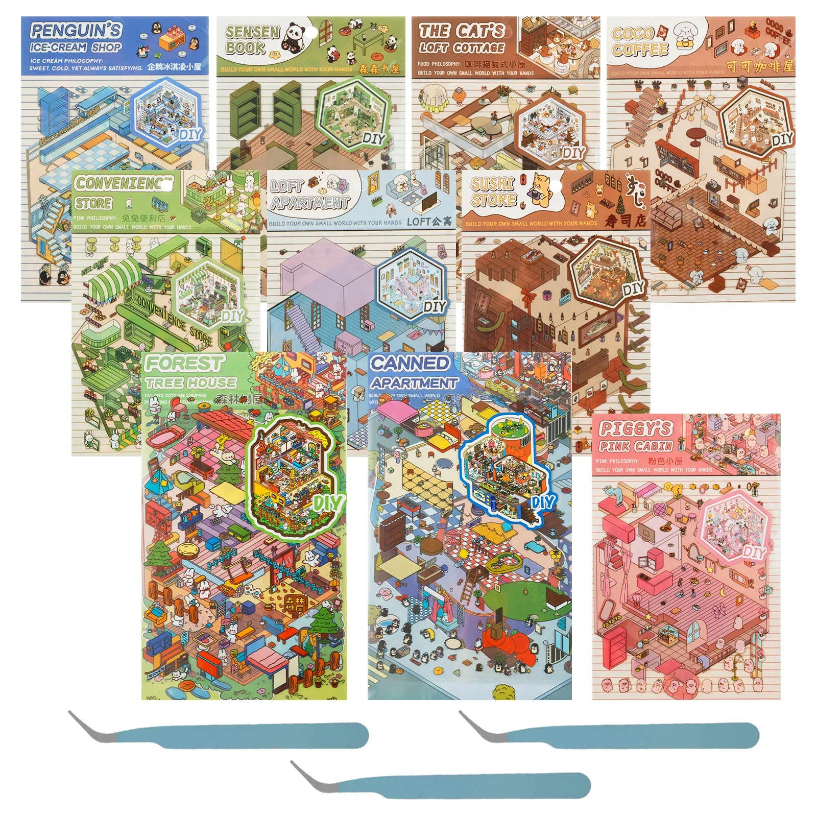 

3D House Stickers Creative Cartoon Miniature Scene Stickers with 3 Tweezers DIY Cabin Stacking and Pasting Hand Account Gifts