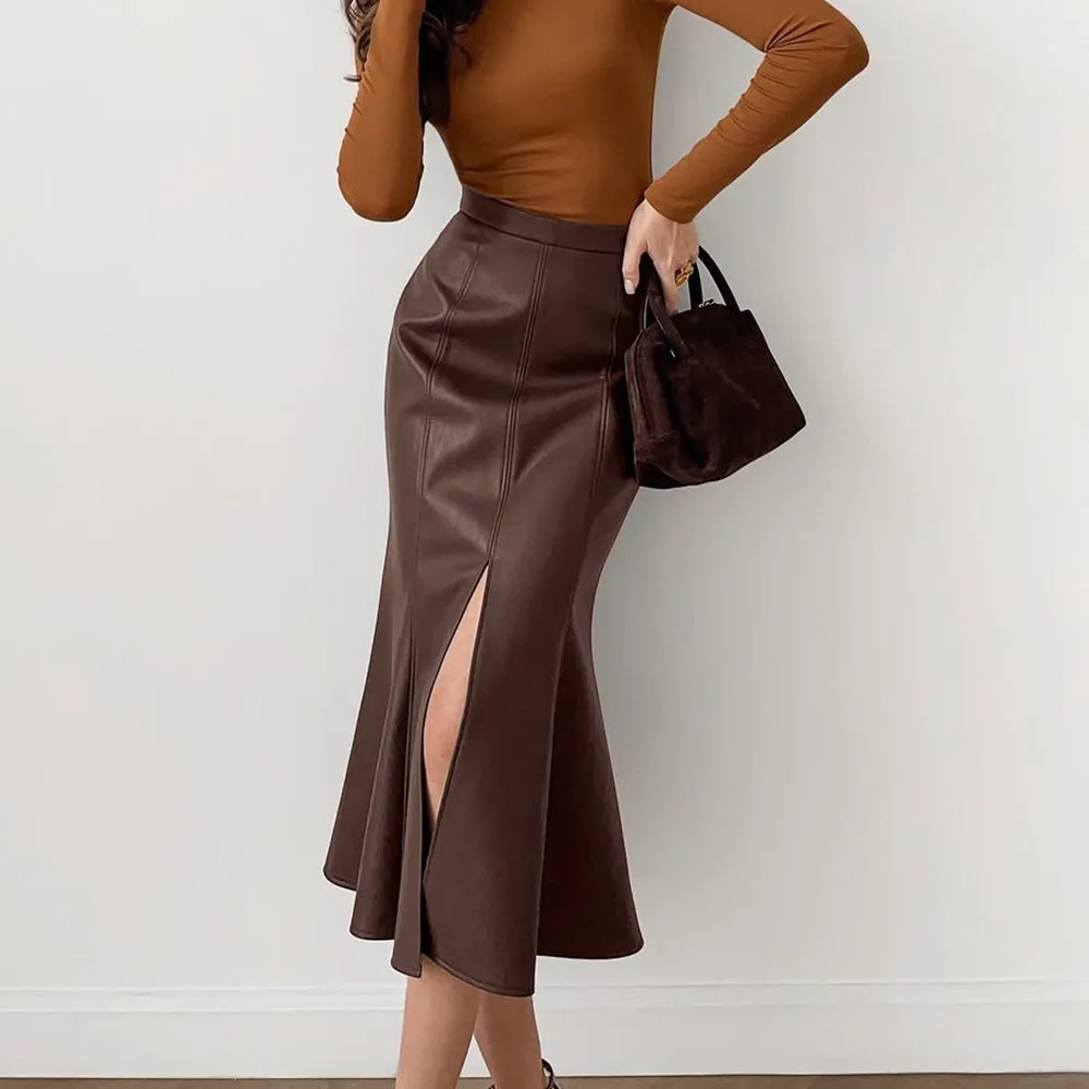 PU Imitation Leather Side Split Midi Skirt Women High-waist Fittness Hip Slim Long Skirts Office Lady Bodycon Skirt Club Party