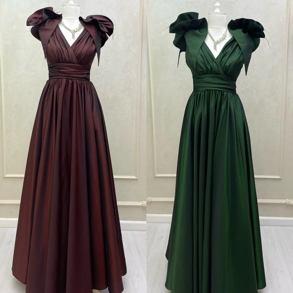 Retro Matching Elegant Classic Jersey Ruffle Feather Pleat A-line V-neck Long Dresses Evening Dresses Modern Style Simple Sexy