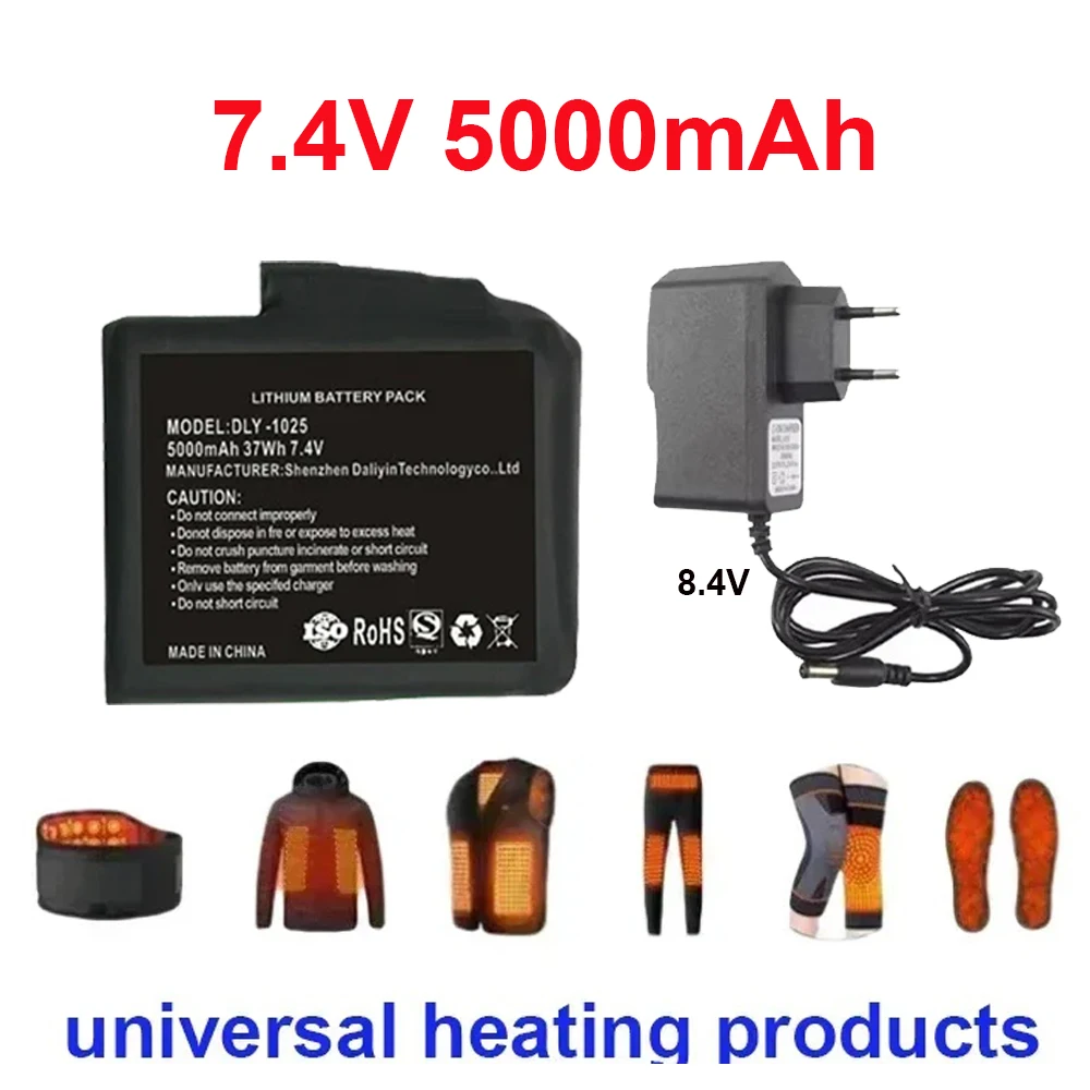 100% New Heated Gloves Battery 7.4V 5000mAh Lithium Polymer Battery for Heating Vest, Socks, Winter Antifreeze Saver Heat Batter
