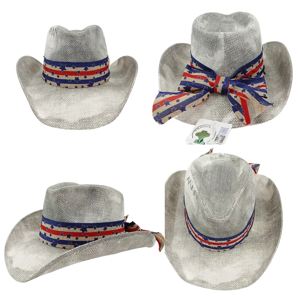 

Western cowboy hat with belt paper straw breathable outdoor beach sun hat gradient gray and white cowboy hat
