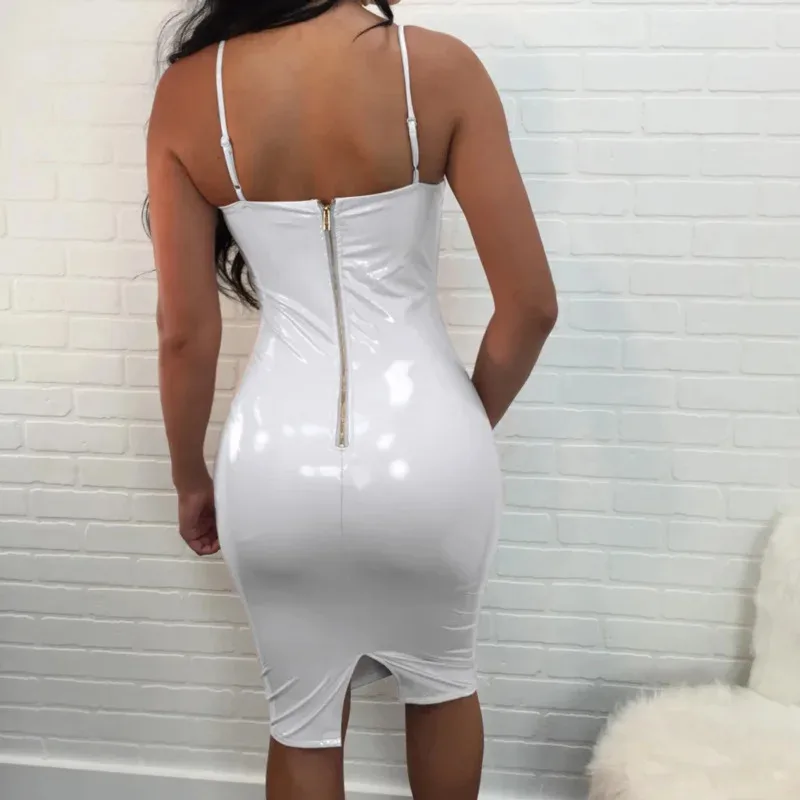섹시한 광택 PU 가죽 바디콘 미디 드레스 여성용 민소매 로우컷 V넥 시스루 힙업 슬릿 백리스 클럽 파티 XGs;2