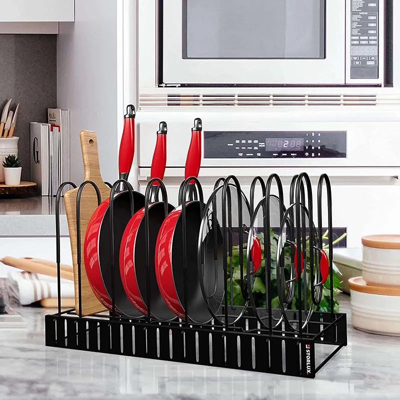 

Pot and Pan Organizer for Cabinet Adjustable 8 Non-Slip Tiers Pot Rack with 3 DIY Methods Kitchen Organizer Rack for Pots & Pans