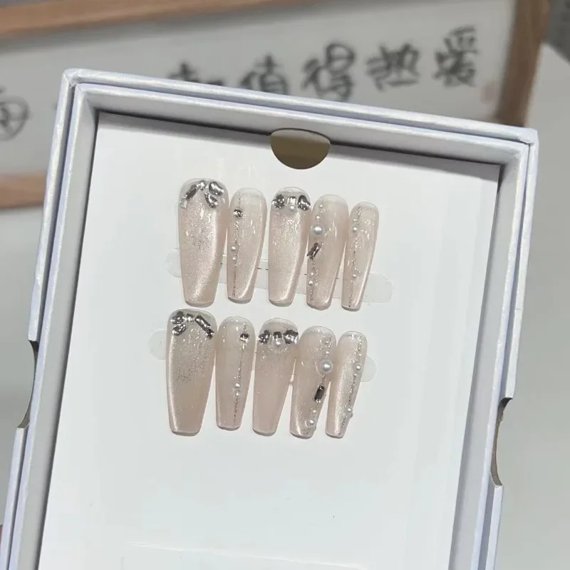 

Full Cover False Nails Press on Nails Fake Nails Diy Pure Handmade Removable Nude Cat's Eye Fine Flash Diamond