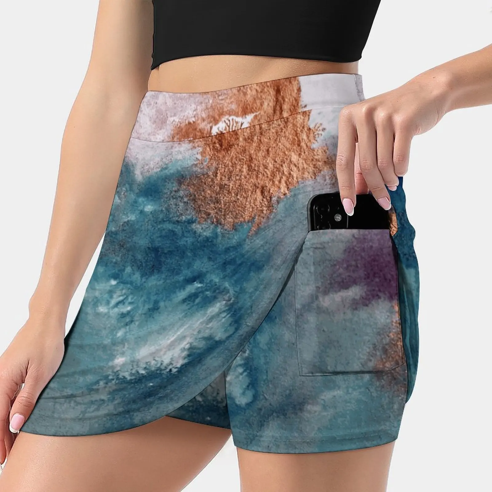 Abstract Birth New Women Skirts Double-Layer Printed Short Dress Mini Sport Skirt Abstract Art Watercolor Blue Indigo Blue