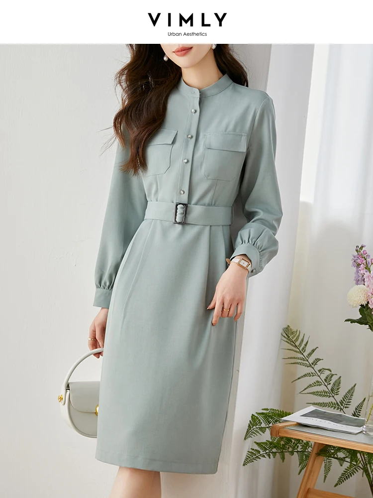 Vimly Elegant Belt Long Sleeve Shirt Dresses for Women 2023 Autumn Fashion Vintage Stand Collar Button Down Dress Clothing V8085