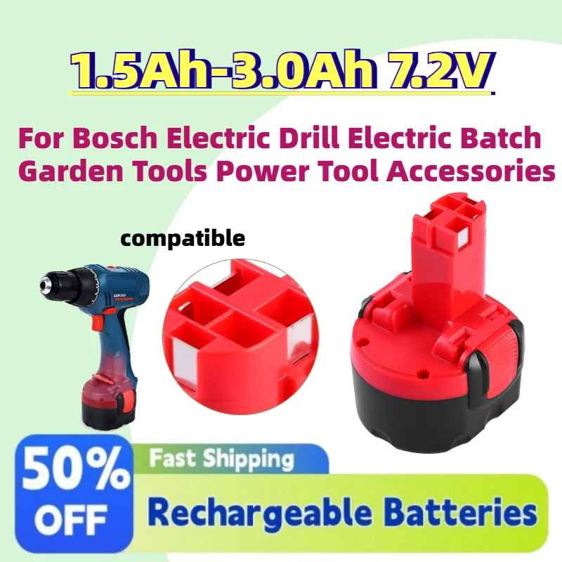 

New 1.5Ah-3.0Ah 7.2V NI-MH Rechargeable Battery for Bosch Electric Drill Electric Batch Garden Tools Power Tool Accessories