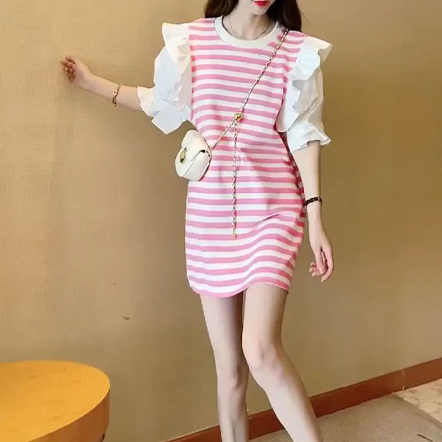 Korean Patchwork Ladies Striped Pullovers A-line Skirt Summer Fashion All-match O-neck Women's Clothing Office New Lady Dresses